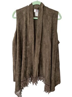 OS Casual Brown Faux-Suede Sleeveless Duster Vest with Crochet Hem